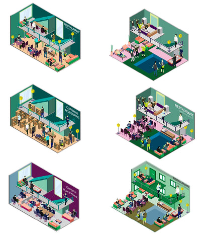 Alternative layout of isometric vector interiors showing different color palettes