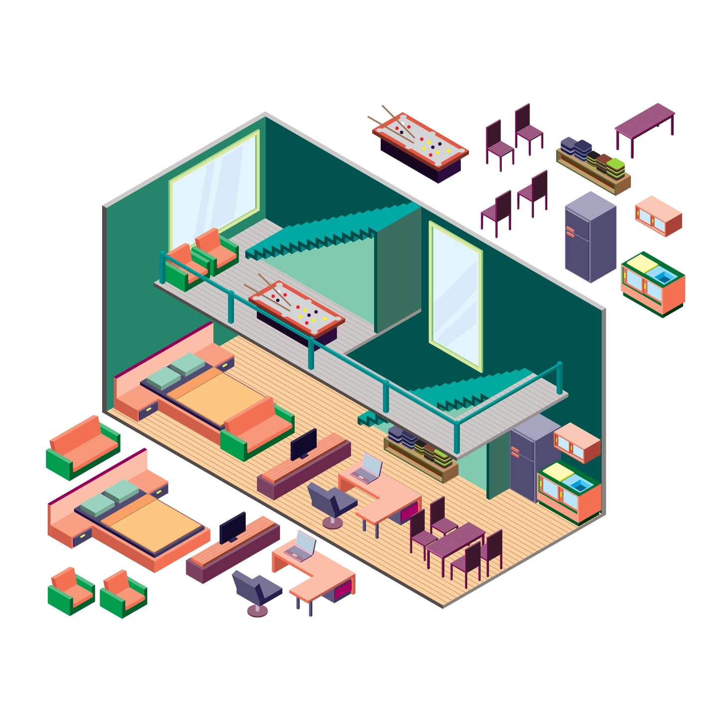 Creative isometric scene set with perspective depth and detailed furniture