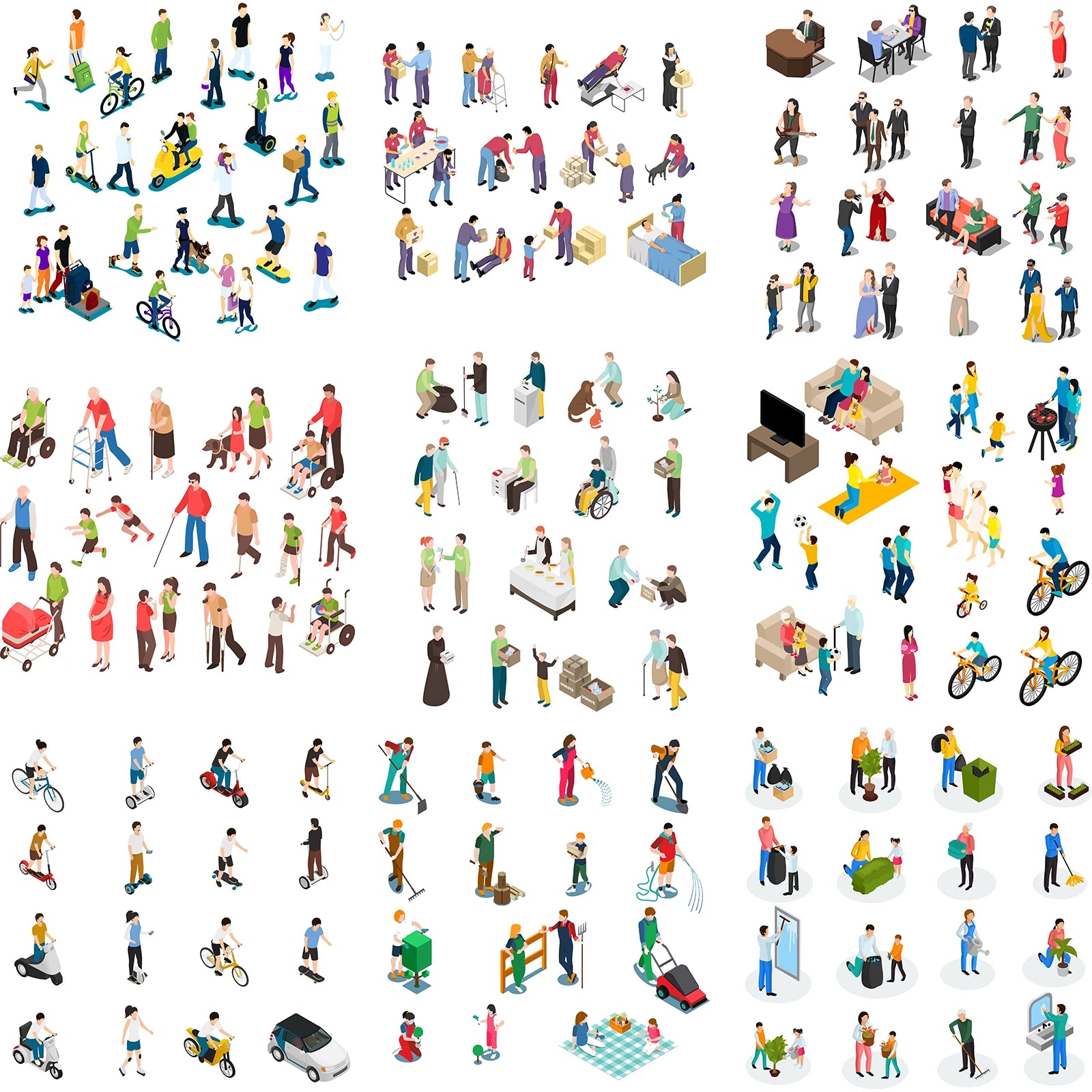 Isometric vector people pack showing families, office workers, seniors, and cyclists engaging in daily life activities in colorful 3D scenes.