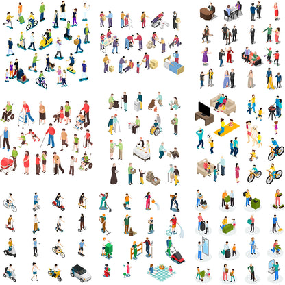 Isometric vector people pack showing families, office workers, seniors, and cyclists engaging in daily life activities in colorful 3D scenes.