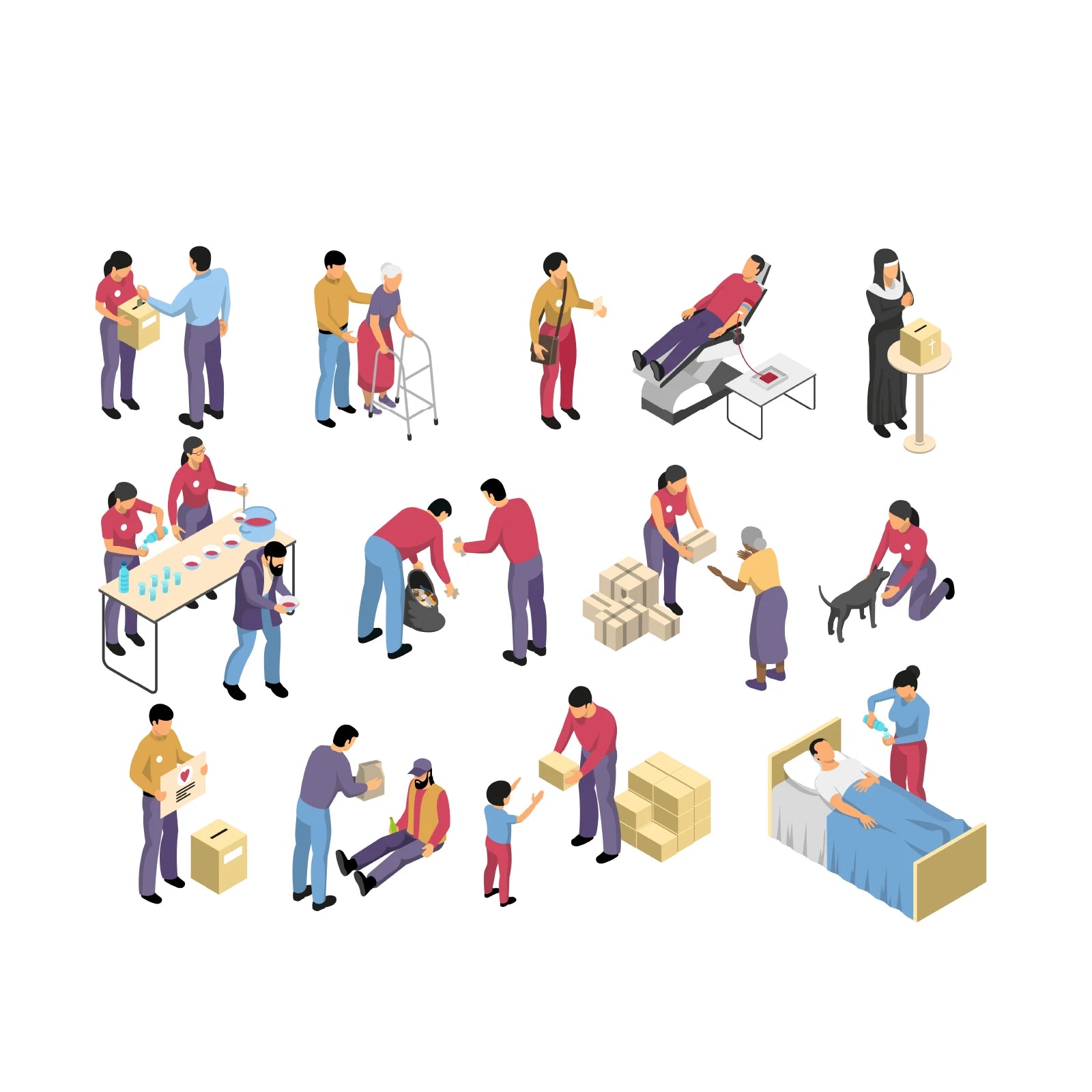 Close-up of isometric human vector illustrations including elderly, kids, and office teamwork in modern style.