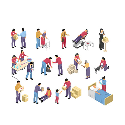 Close-up of isometric human vector illustrations including elderly, kids, and office teamwork in modern style.