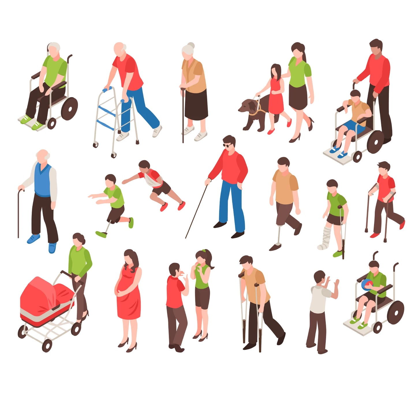 Outline view of the isometric people illustrations highlighting detailed poses and layered structure.