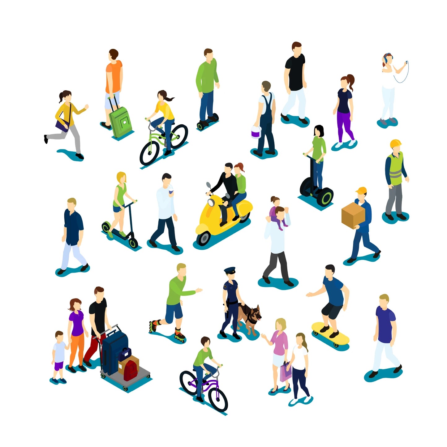 Overview of isometric people illustrations for family, office, and sports scenes with diverse human characters.