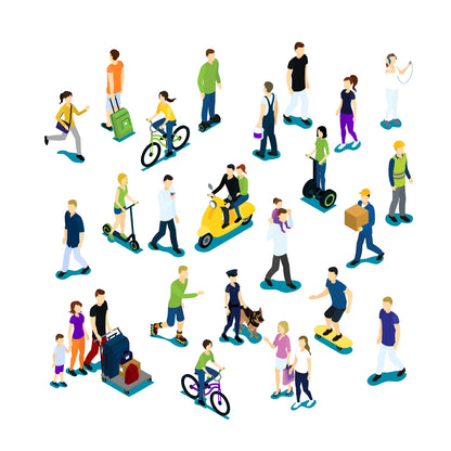 Overview of isometric people illustrations for family, office, and sports scenes with diverse human characters.