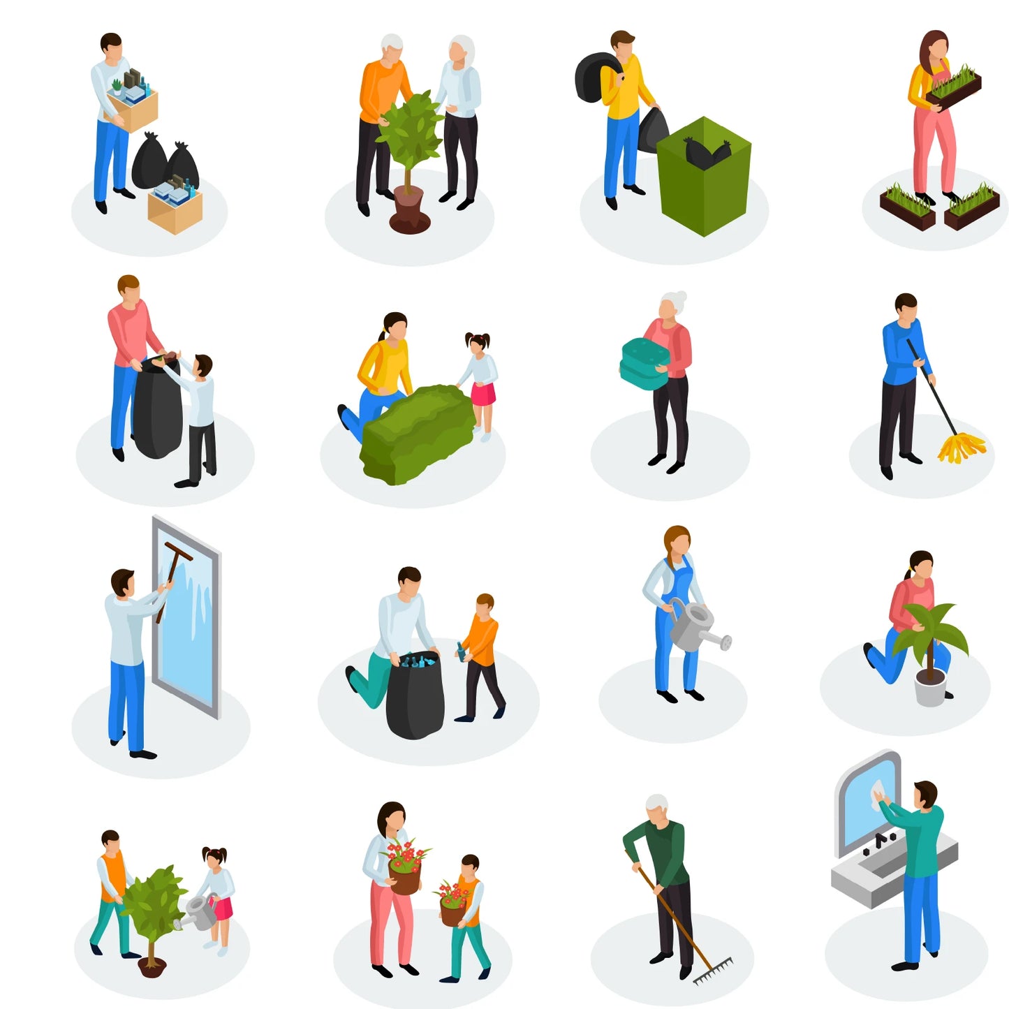 Isometric community scene with walking, cycling, and social interaction characters for vector projects.