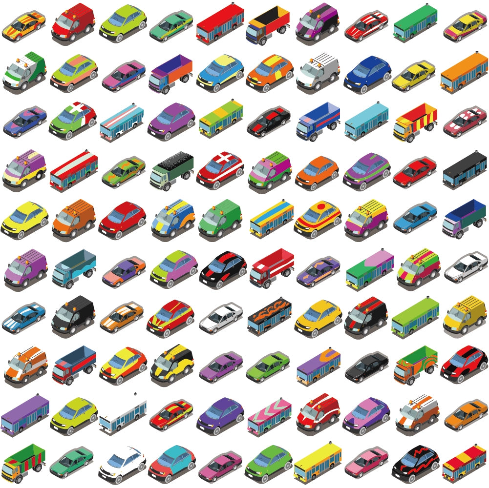 Isometric Vehicles Vector Pack featuring cars, trucks, buses, and emergency service vehicles for infographic and UI design.