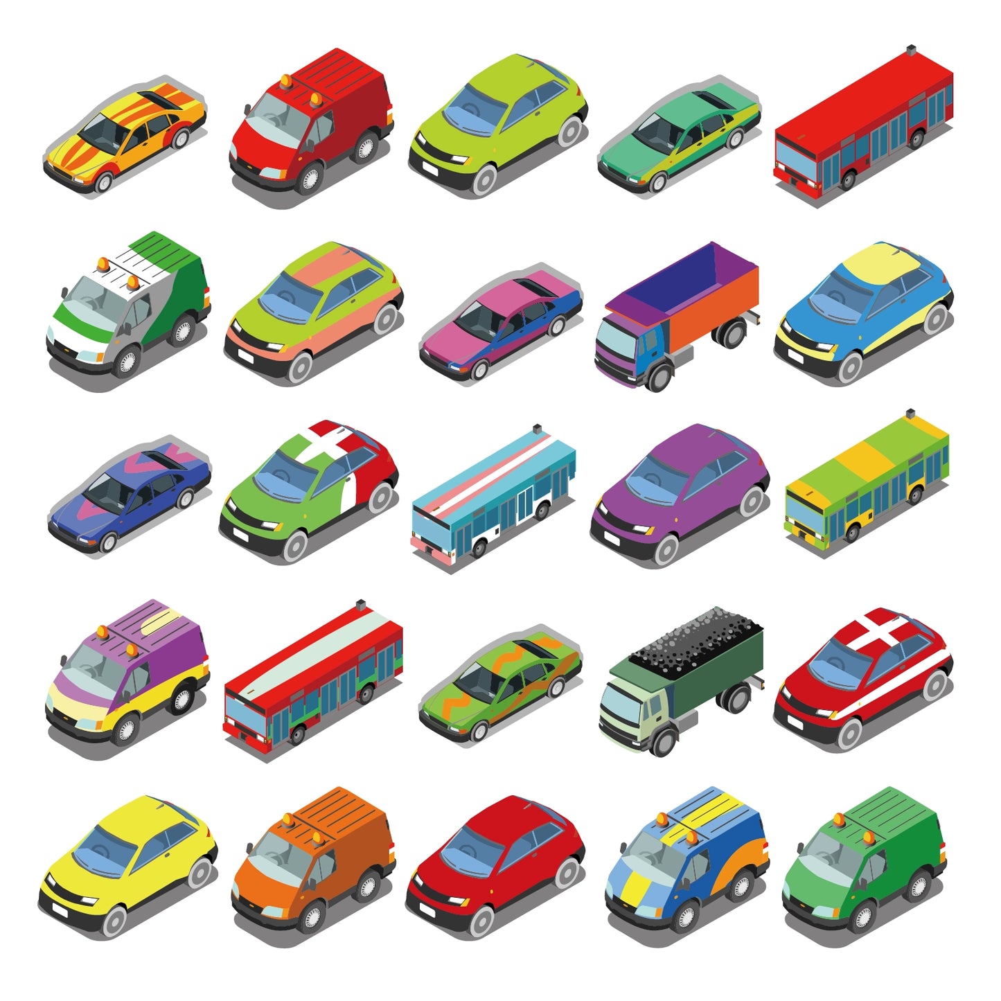 Isometric Vehicles Vector Pack — Cars, Trucks, Buses & Emergency Vehicles