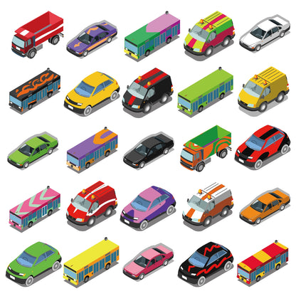 Isometric Vehicles Vector Pack — Cars, Trucks, Buses & Emergency Vehicles