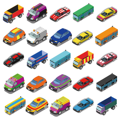 Isometric Vehicles Vector Pack — Cars, Trucks, Buses & Emergency Vehicles