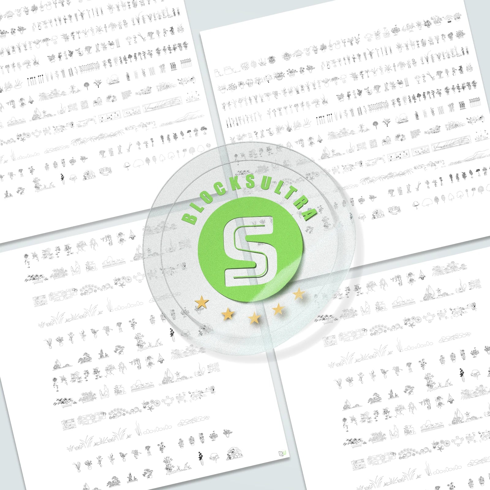 Landscape plant CAD blocks featuring trees, shrubs, grasses, potted plants, and elevation views for architectural and site plan drawings