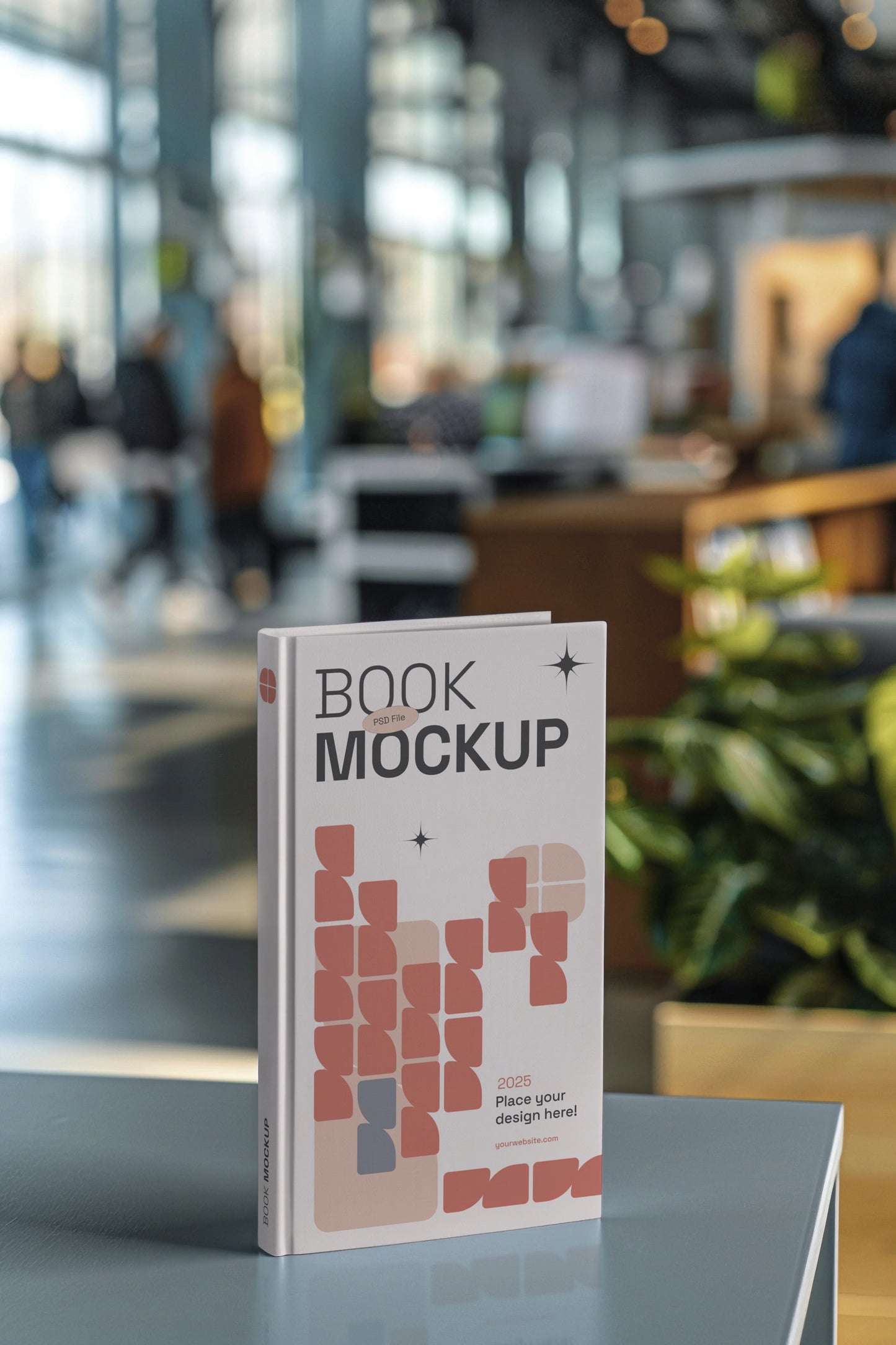 Book PSD mockup standing in contemporary library interior