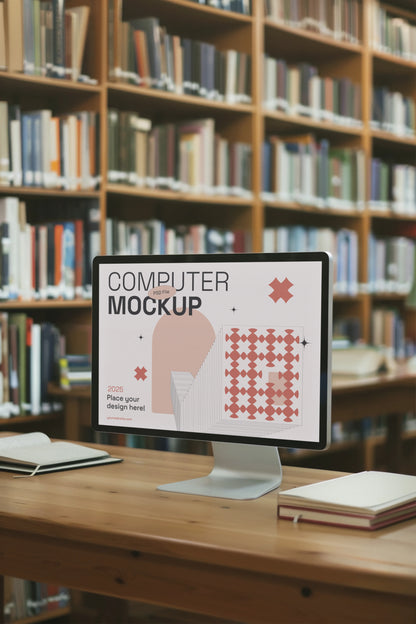 Computer screen mockup with UI design in library setting