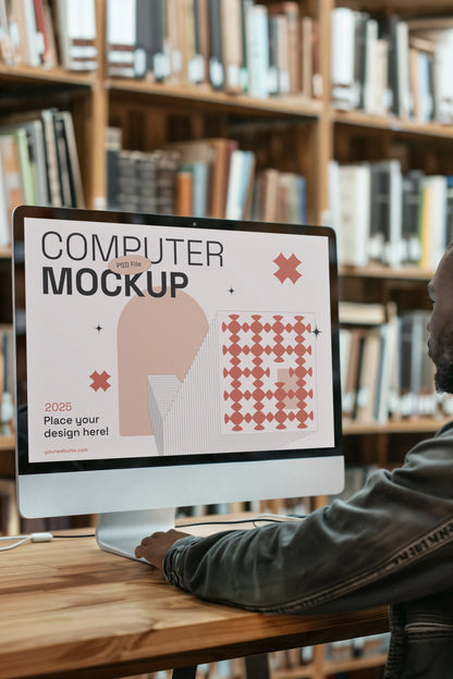Desktop computer mockup in modern library study environment