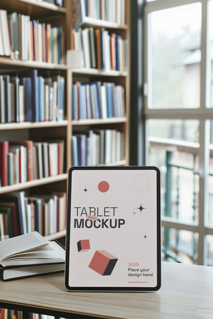 Tablet and desktop mockup combination in library interior