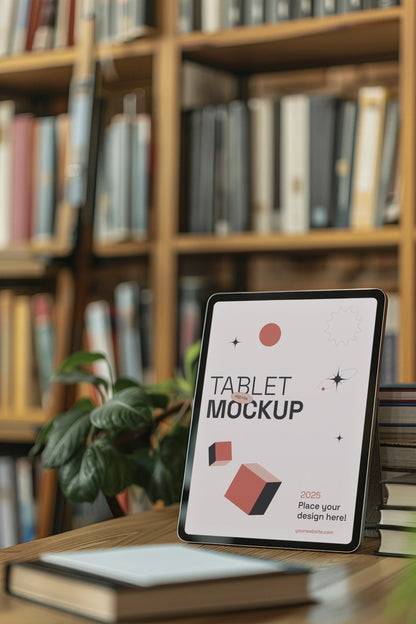 Horizontal tablet PSD mockup on wooden library table