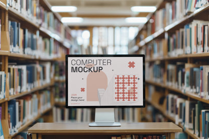 Tablet PSD mockup on library reading desk with natural light