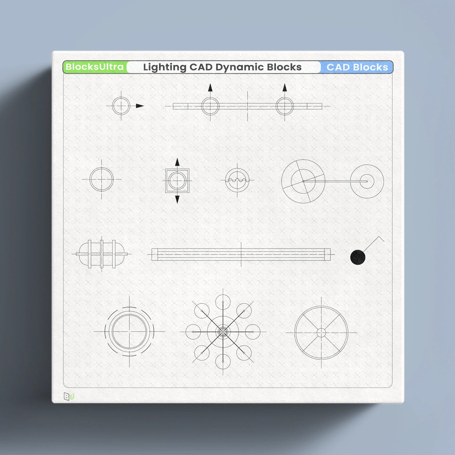 Lighting CAD dynamic blocks pack featuring 55 multi-state symbols with switchable plan and elevation views, including downlights, track lights, spotlights, panels, grille lights, pendants, switches, and ceiling fixtures