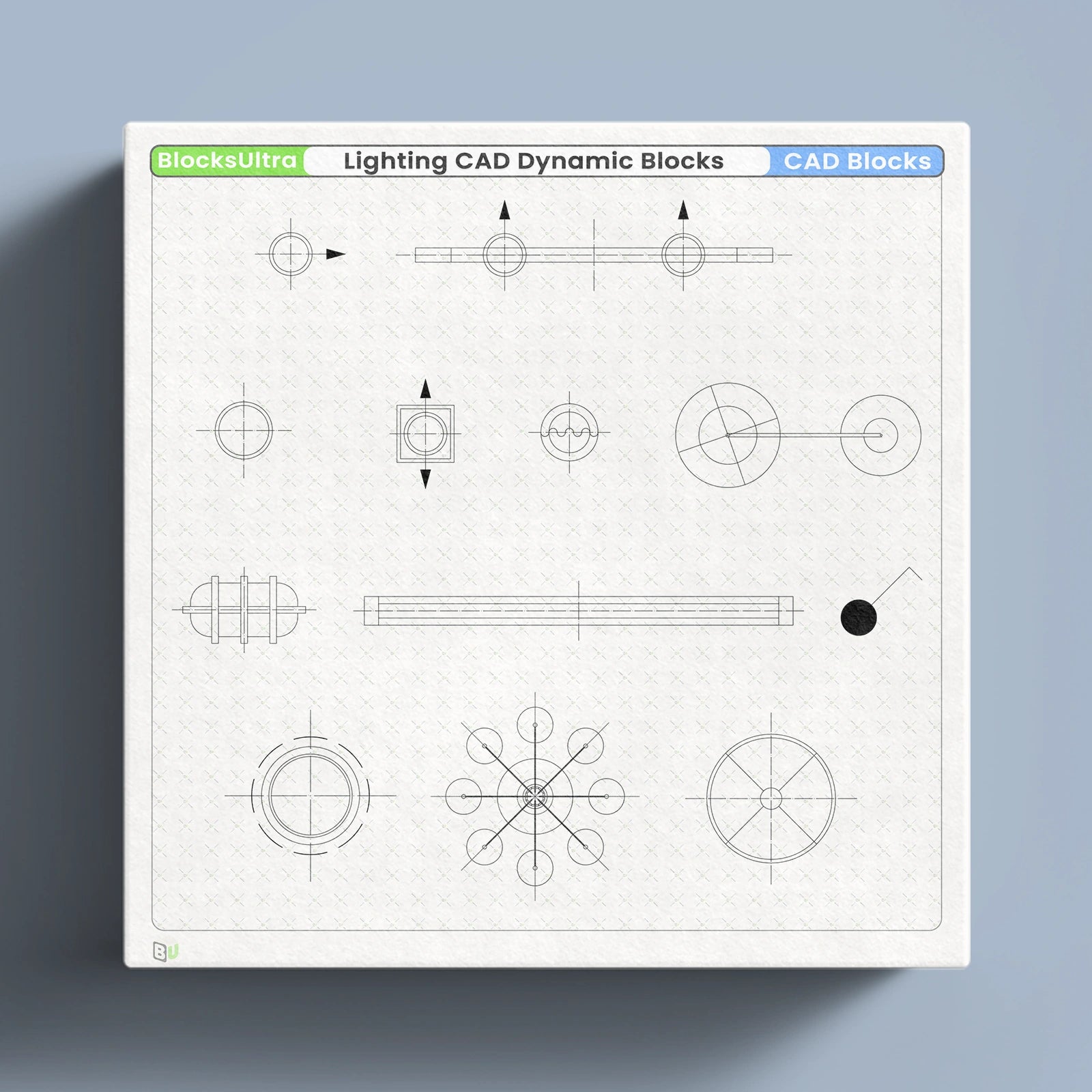 Lighting CAD dynamic blocks pack featuring 55 multi-state symbols with switchable plan and elevation views, including downlights, track lights, spotlights, panels, grille lights, pendants, switches, and ceiling fixtures
