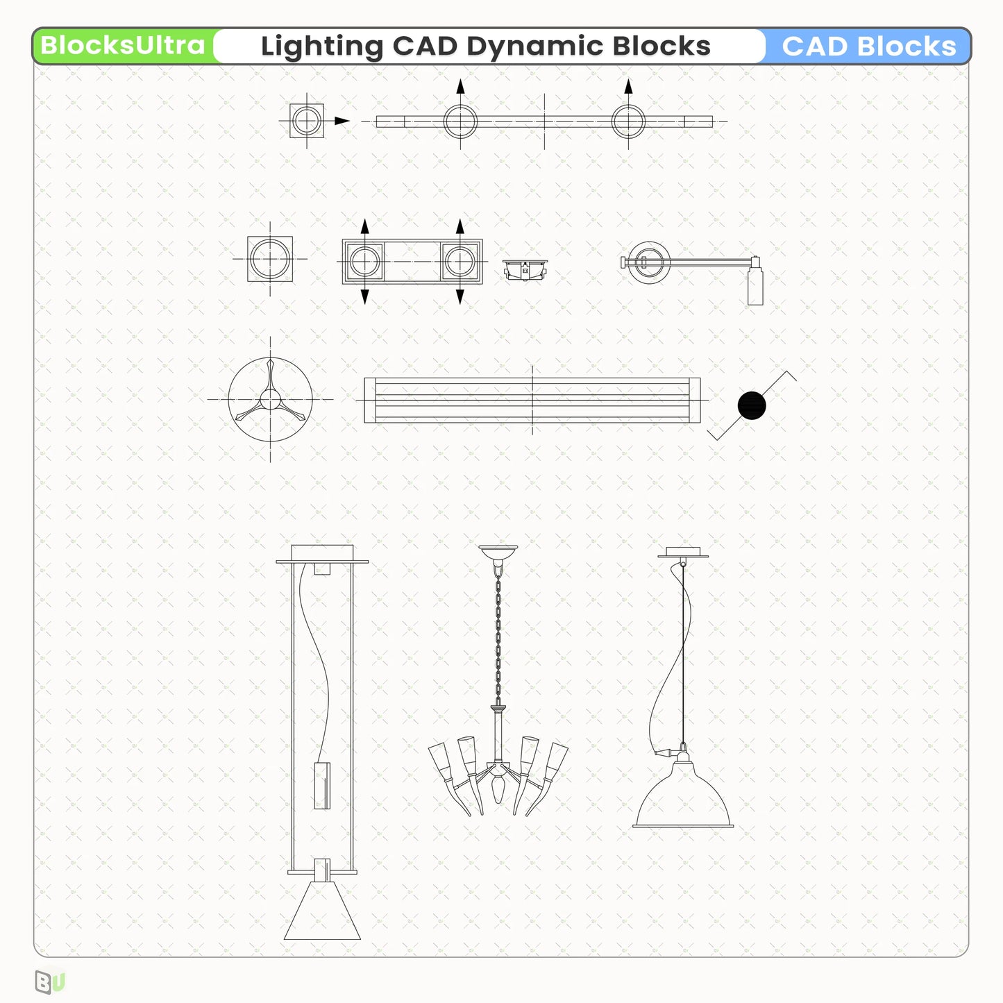Recessed, suspended, and surface-mounted downlight dynamic blocks with visibility states allowing round and square configurations for architectural ceiling plan drawings