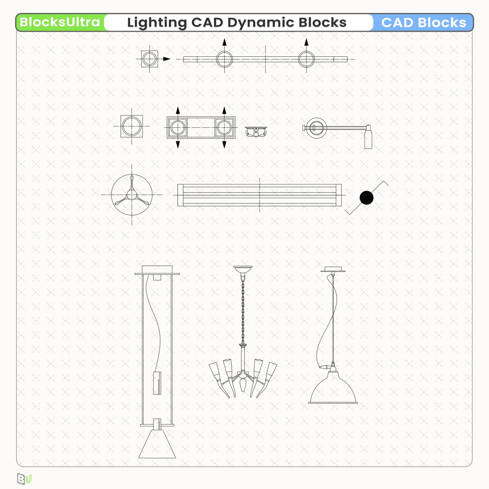 Recessed, suspended, and surface-mounted downlight dynamic blocks with visibility states allowing round and square configurations for architectural ceiling plan drawings
