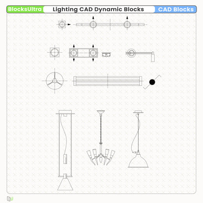 Recessed, suspended, and surface-mounted downlight dynamic blocks with visibility states allowing round and square configurations for architectural ceiling plan drawings