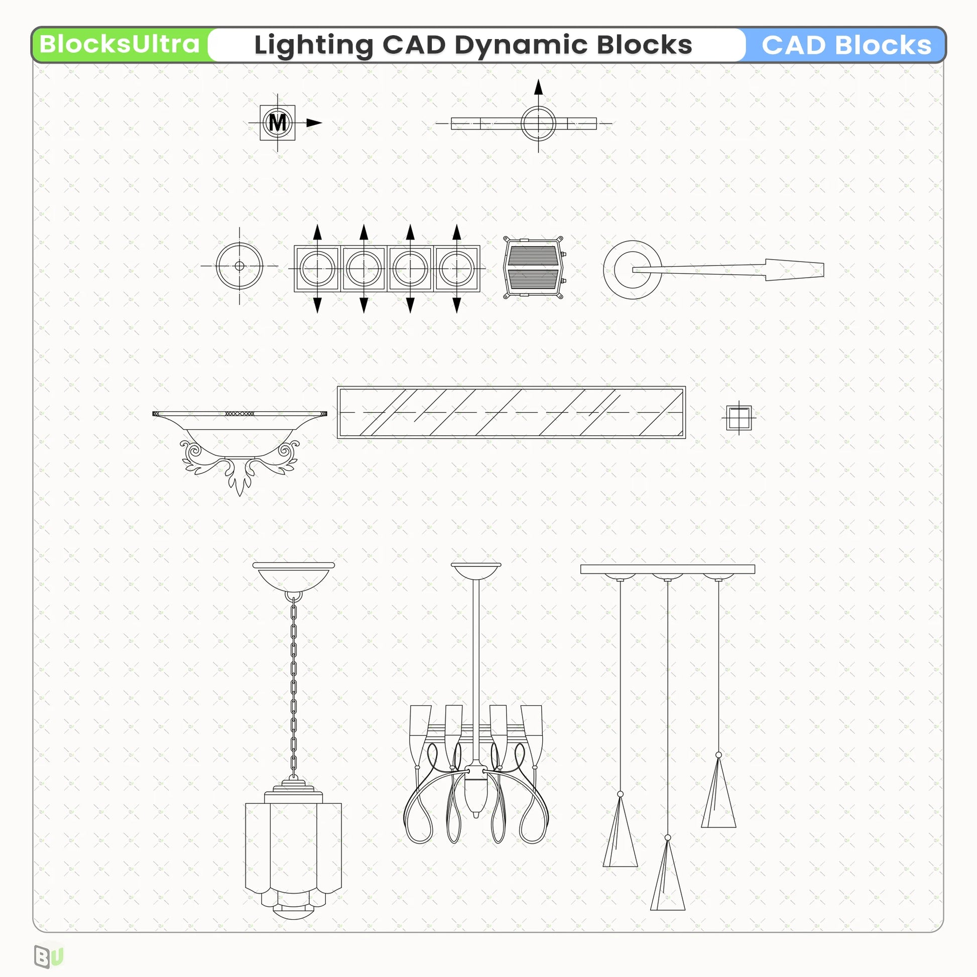 Track spotlight dynamic blocks with straight, T-joint, and L-joint rail connectors plus multi-view visibility options for professional RCP lighting layouts