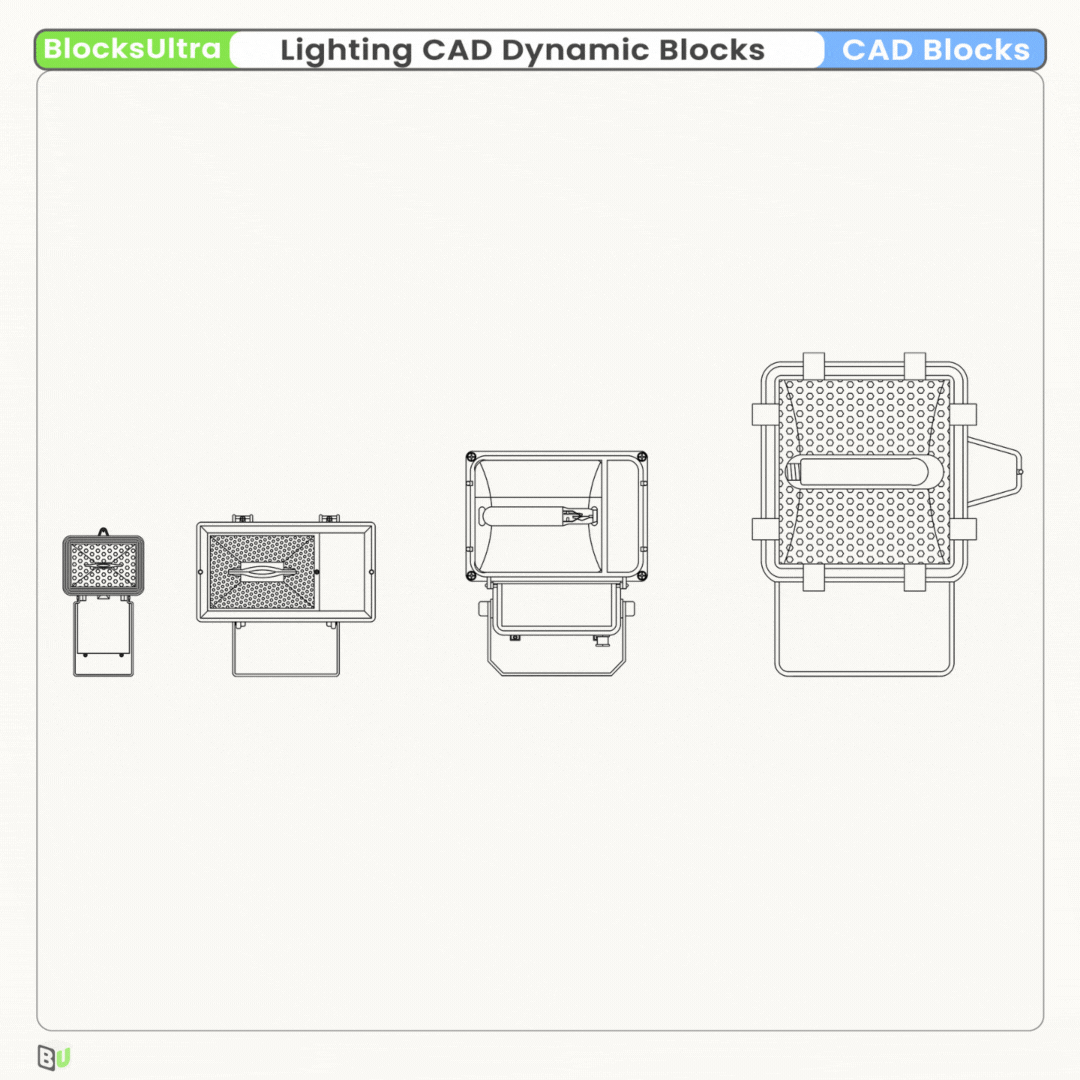 Animated preview of Lighting CAD Dynamic Blocks showing floodlights in top, front, and side views with clean linework for architectural drafting