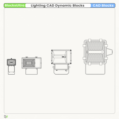 Animated preview of Lighting CAD Dynamic Blocks showing floodlights in top, front, and side views with clean linework for architectural drafting