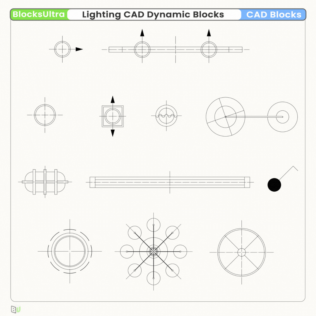 Animated preview of 55 lighting CAD dynamic blocks showing multi-state visibility, switchable plan and elevation views, downlights, spotlights, track lights, grille lights, panels, pendants, switches, and ceiling fixtures