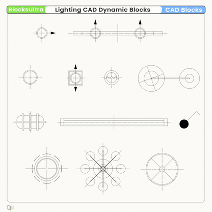 Animated preview of 55 lighting CAD dynamic blocks showing multi-state visibility, switchable plan and elevation views, downlights, spotlights, track lights, grille lights, panels, pendants, switches, and ceiling fixtures