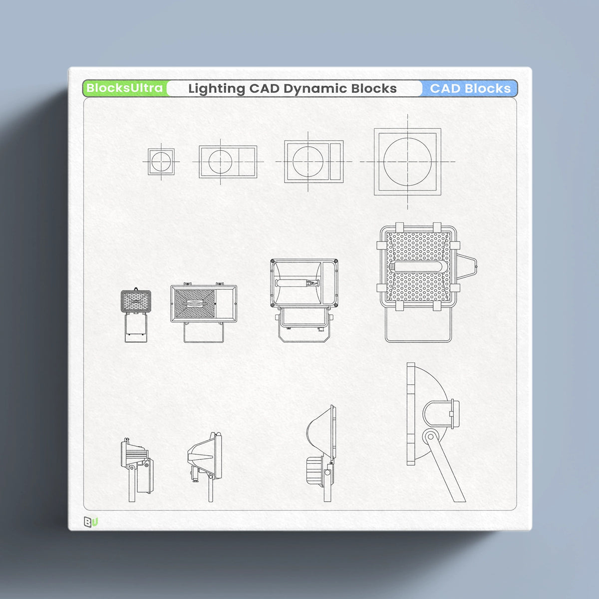 Dynamic Lighting Drawing Reference Lighting CAD Dynamic Blocks — Floodlight Top, Front & Side Views ...