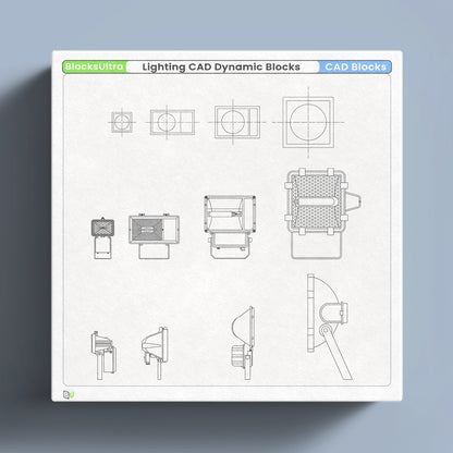 Detailed top-view CAD symbols of architectural lighting fixtures, including circular and rectangular housings for design documentation