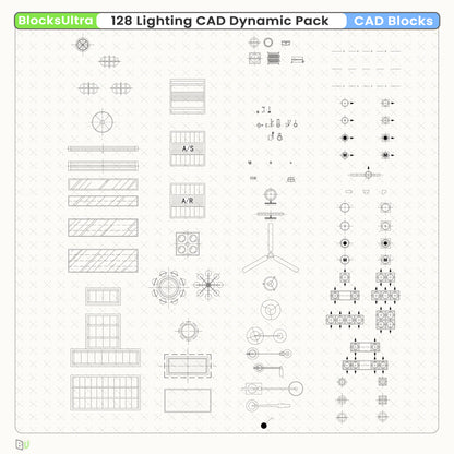 Overview of 128 lighting CAD dynamic blocks including downlights, floodlights, in-ground fixtures, and complete lighting symbol sets for architectural plans