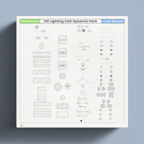 Preview of lighting CAD dynamic blocks showing downlights, floodlights, in-ground lights, and legend symbols in top and elevation views
