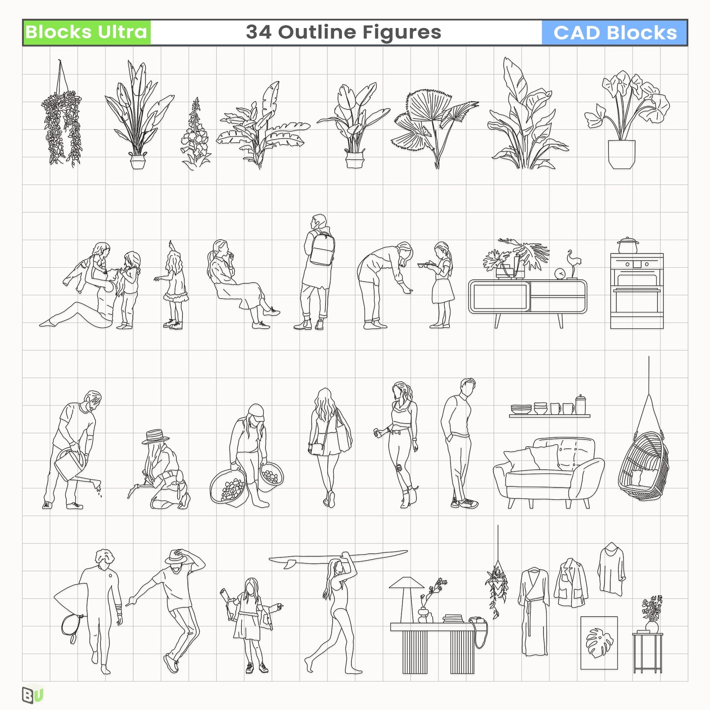Outline CAD figures showing standing, walking, and sitting poses for architectural and interior drawings