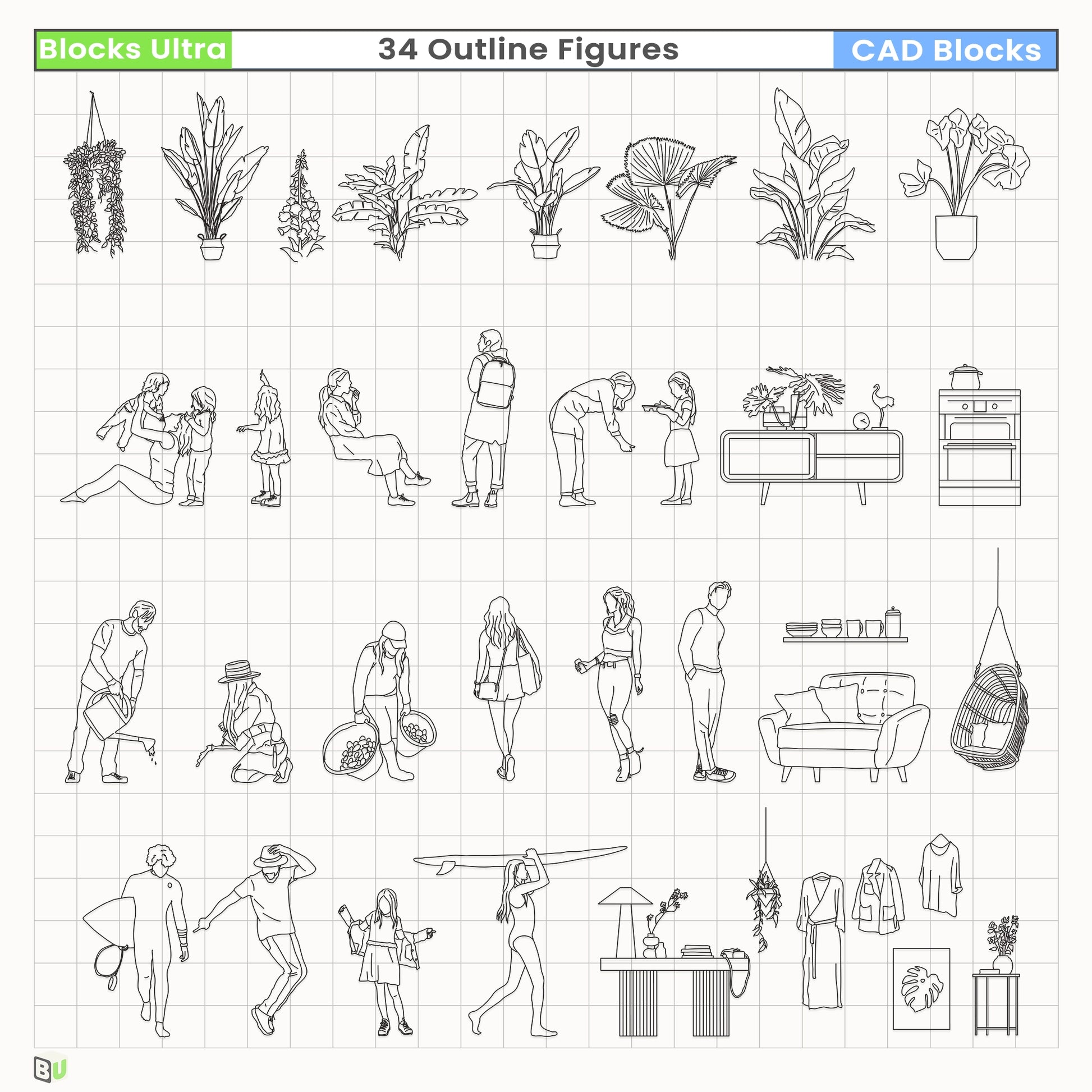 Outline CAD figures showing standing, walking, and sitting poses for architectural and interior drawings