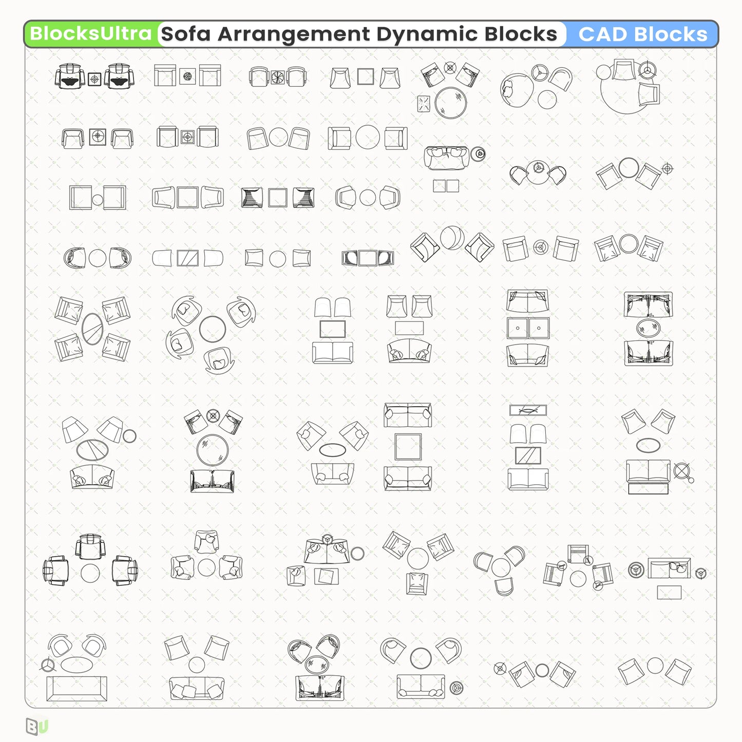 Top-view lobby and lounge sofa arrangement CAD Dynamic Blocks featuring 50 adjustable seating layouts for architectural and interior design plans