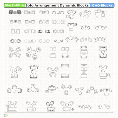 Top-view lobby and lounge sofa arrangement CAD Dynamic Blocks featuring 50 adjustable seating layouts for architectural and interior design plans