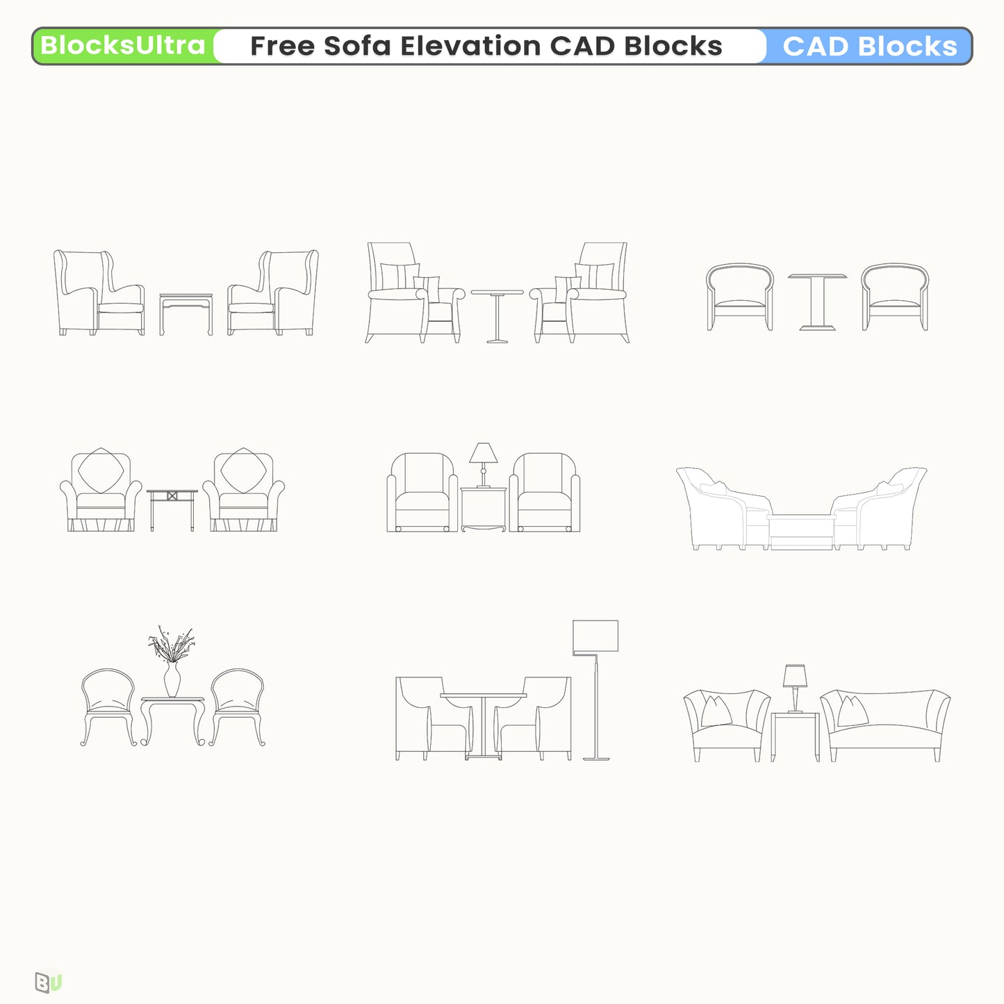 Lobby sofa elevation CAD block showing clean two-seat arrangement for architectural and interior drawings