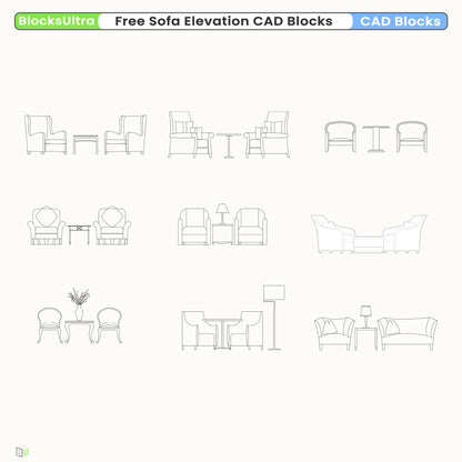 Lobby sofa elevation CAD block showing clean two-seat arrangement for architectural and interior drawings