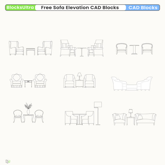 Lobby sofa elevation CAD block showing clean two-seat arrangement for architectural and interior drawings