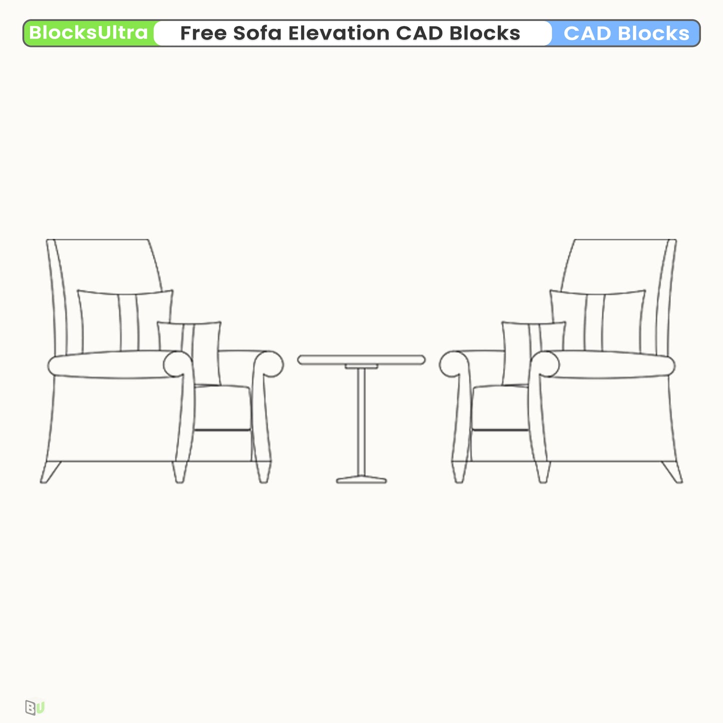 Lounge seating elevation CAD symbol with armchairs and table for hospitality and public-space plans