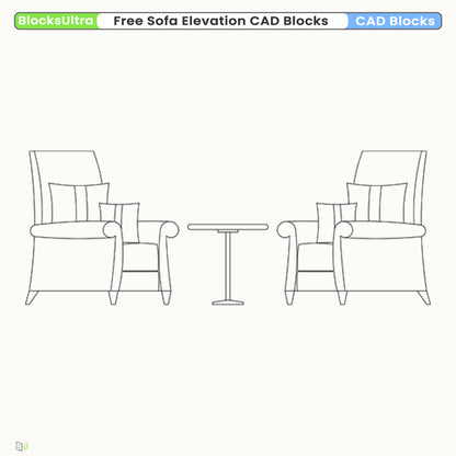 Lounge seating elevation CAD symbol with armchairs and table for hospitality and public-space plans