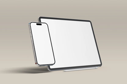 Front-facing iPad and iPhone PSD mockup scene