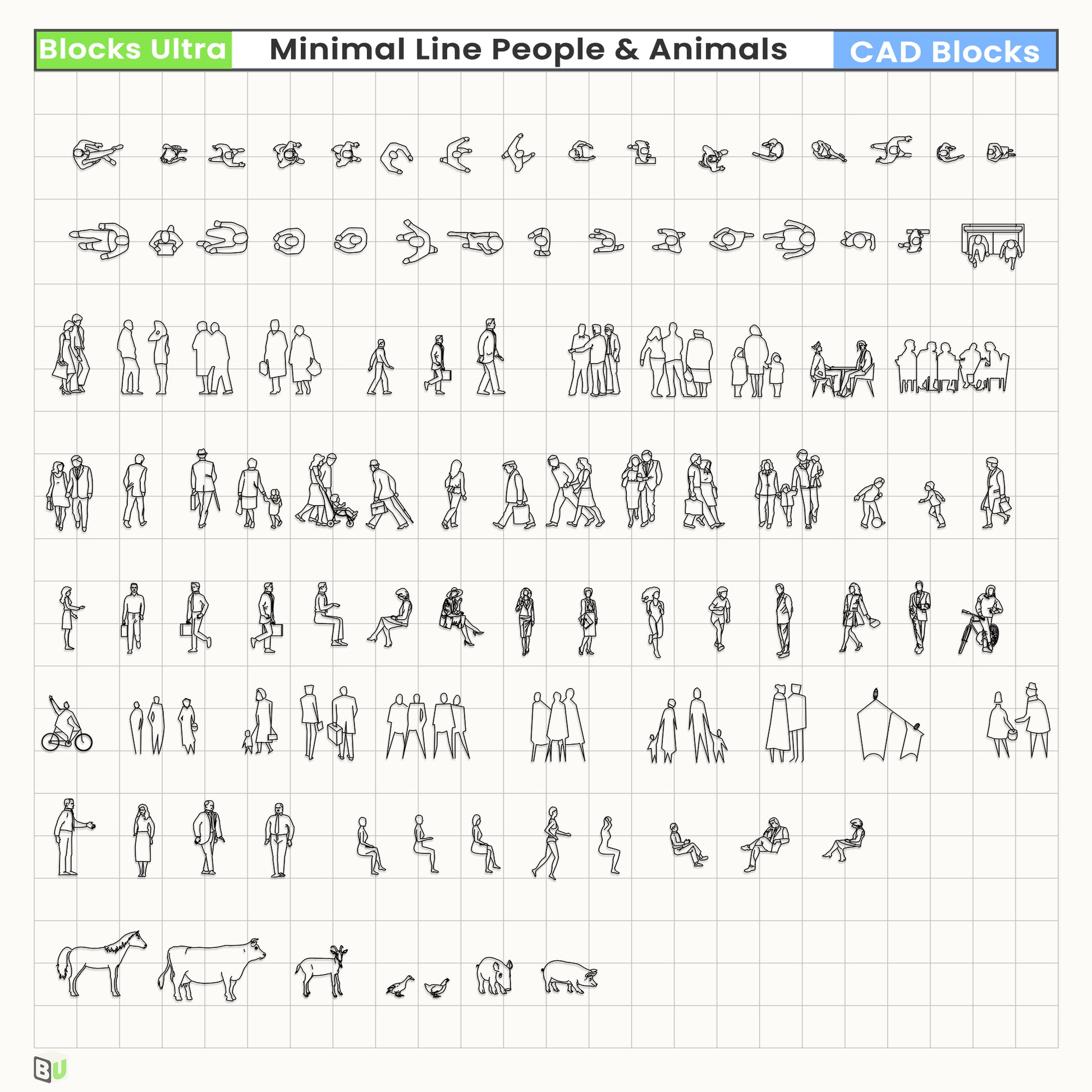 line drawing human figure poses walking groups minimal cad block set