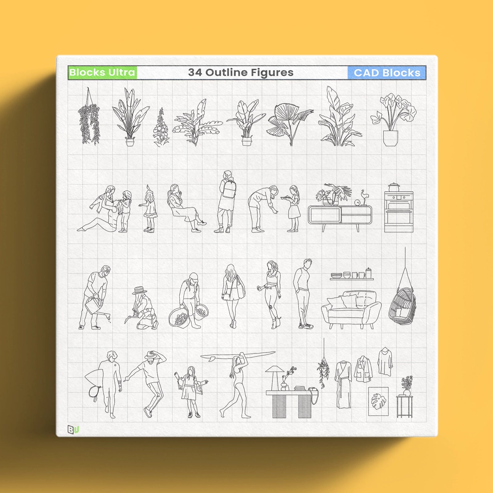 Minimal line CAD blocks of people, plants, and everyday objects, 34 outline elements for design workflows