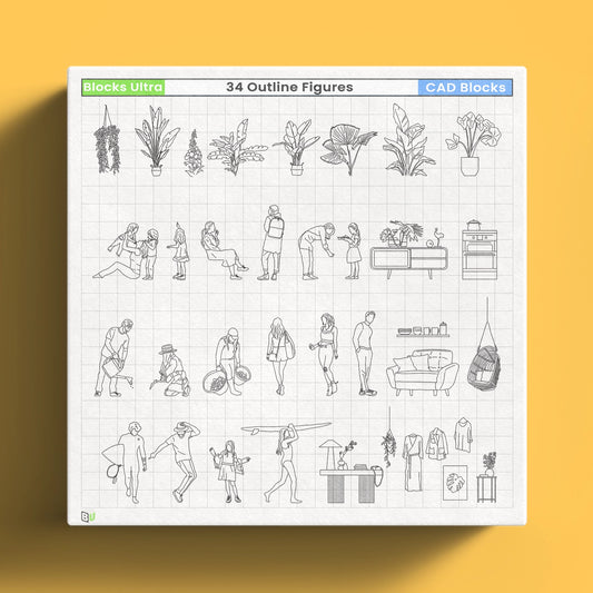Minimal line CAD blocks of people, plants, and everyday objects, 34 outline elements for design workflows