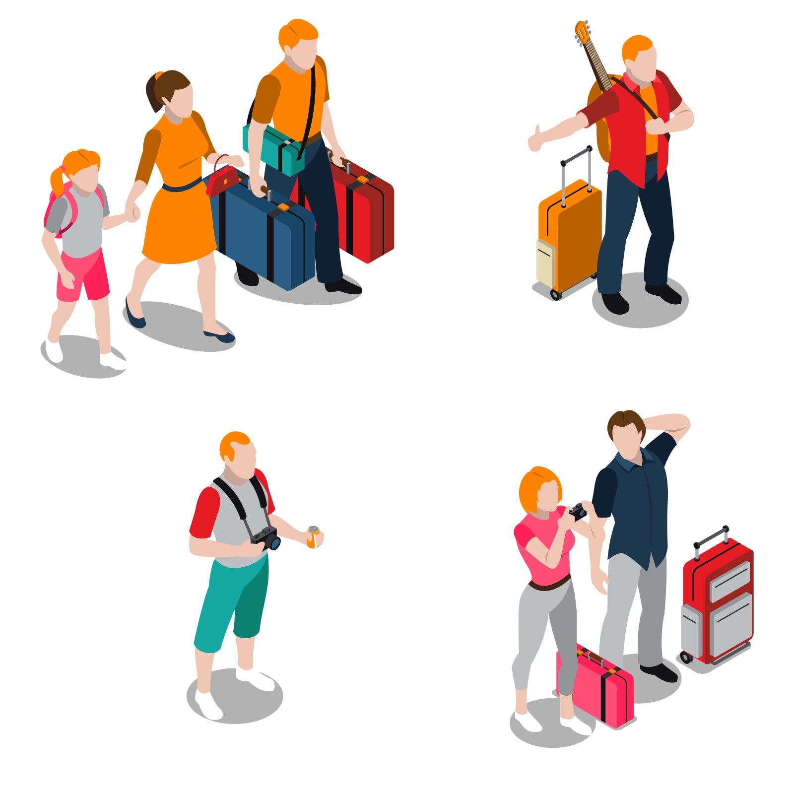 Isometric photographers taking pictures — travel and adventure themed vector figures.