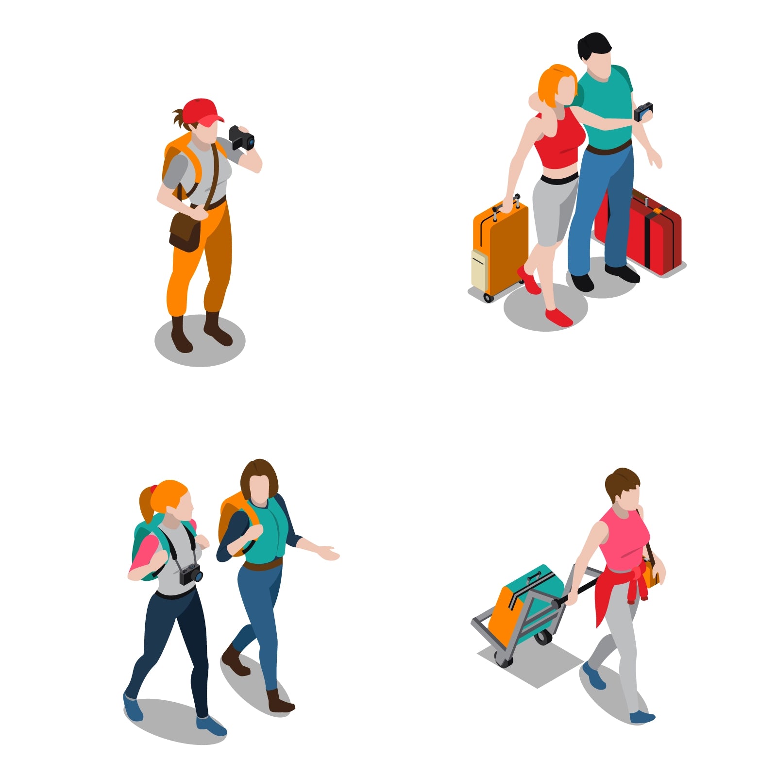 Elderly couple with travel bags — vector senior tourists illustration in isometric perspective.